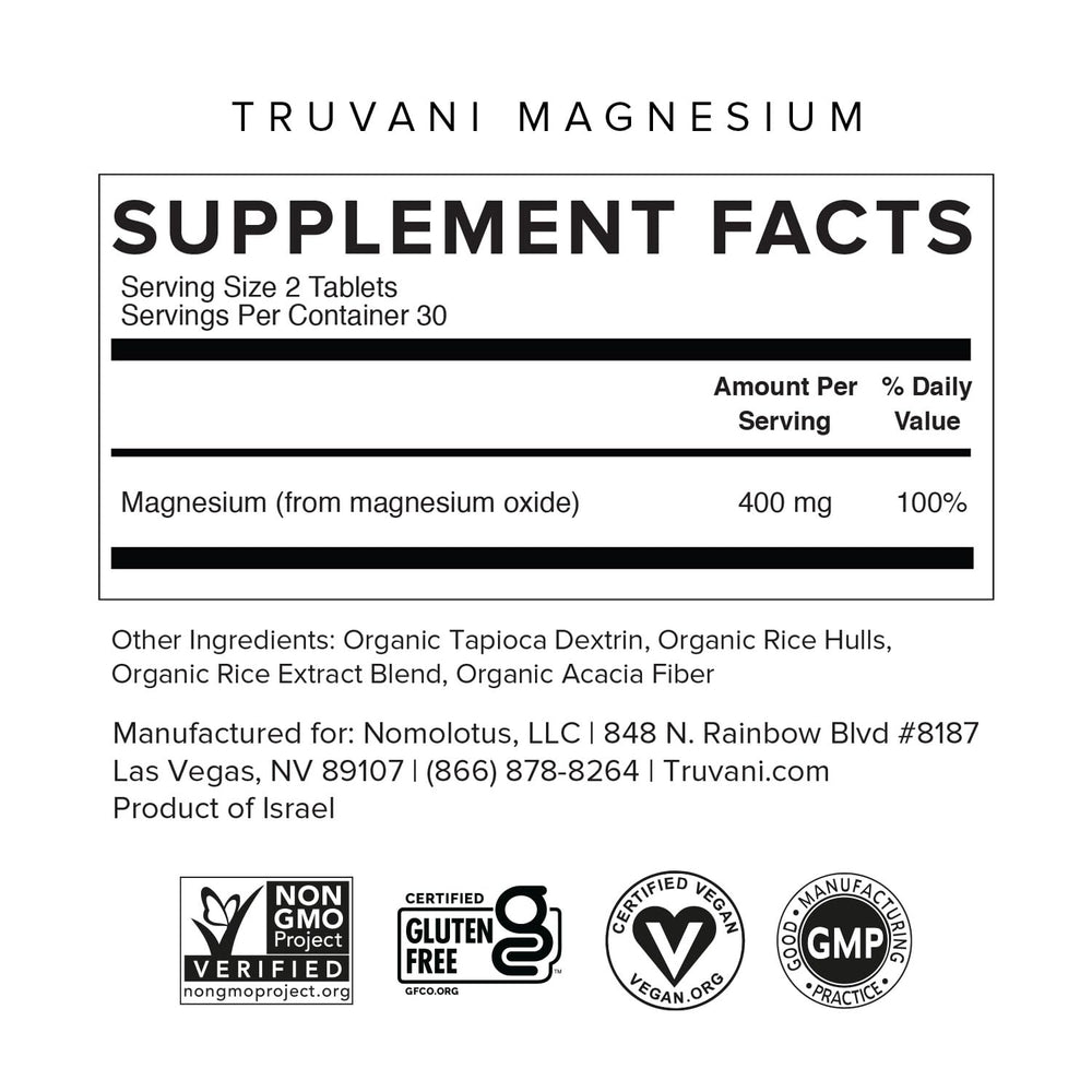 Back of Truvani Magnesium bottle showing supplement facts