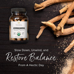 Close-up of Truvani Organic Ashwagandha powder in a jar