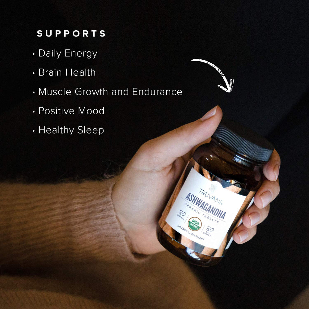 Truvani Organic Ashwagandha bottle and packaging on a surface