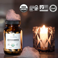 Cozy sleep scene with a bottle of Ashwagandha