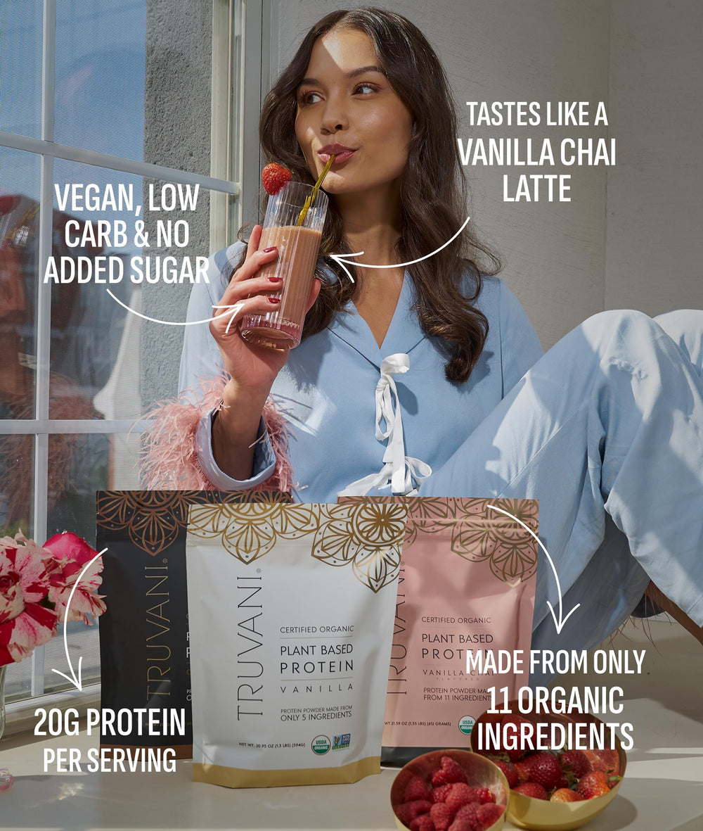 Truvani organic pea protein vanilla chai powder dissolves smoothly in a bowl.