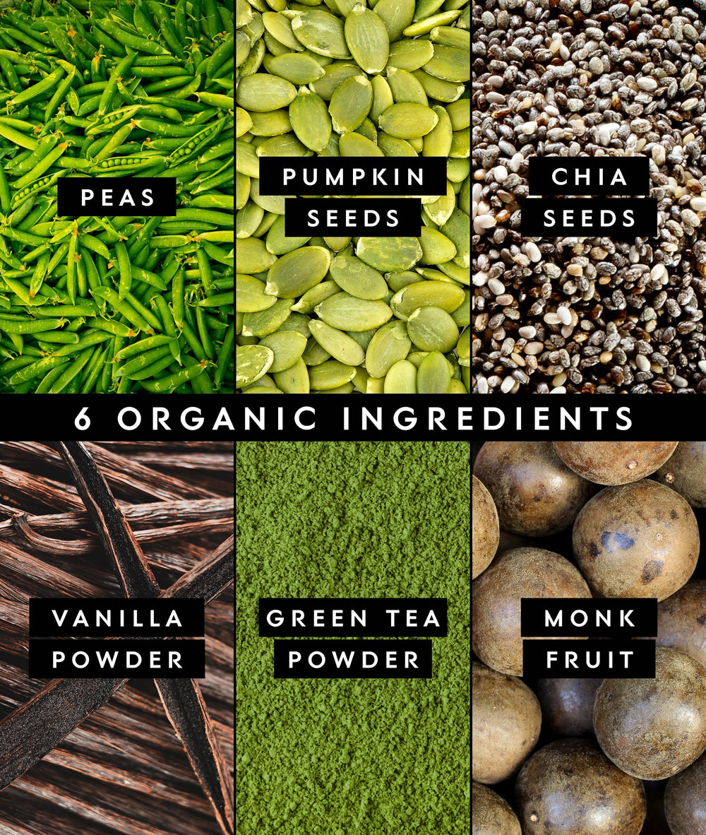 Truvani organic ingredients closeup featuring pea, pumpkin seed, and chia blend.