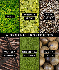 Truvani organic ingredients closeup featuring pea, pumpkin seed, and chia blend.