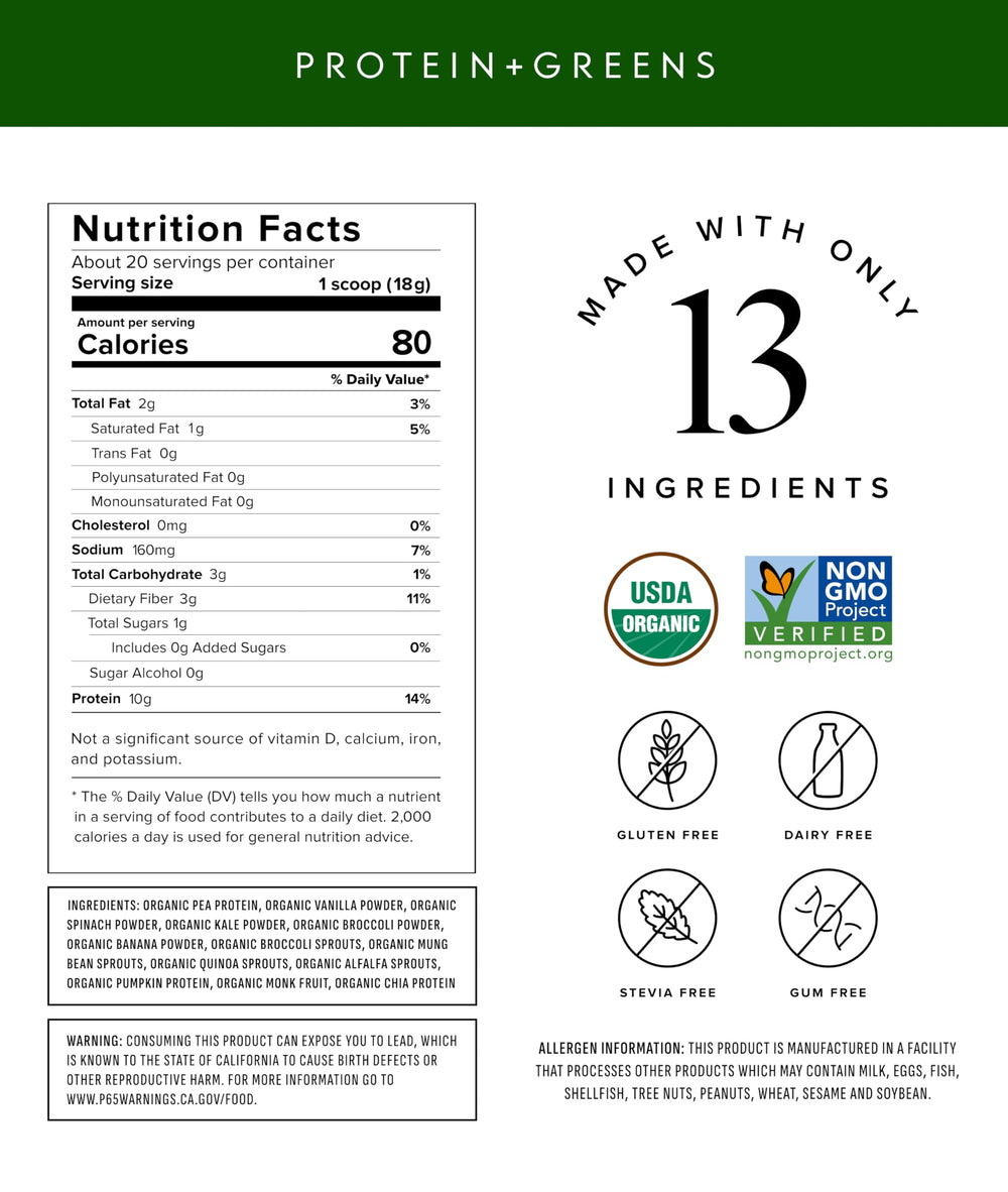 Truvani Organic protein greens bag shows USDA Organic certification and clean ingredients