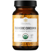 Front view of Truvani Organic Turmeric Curcumin tablets bottle showing 1350 mg per tablet