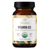 Front label of Truvani Organic Vitamin D3 bottle showing 30 tablets