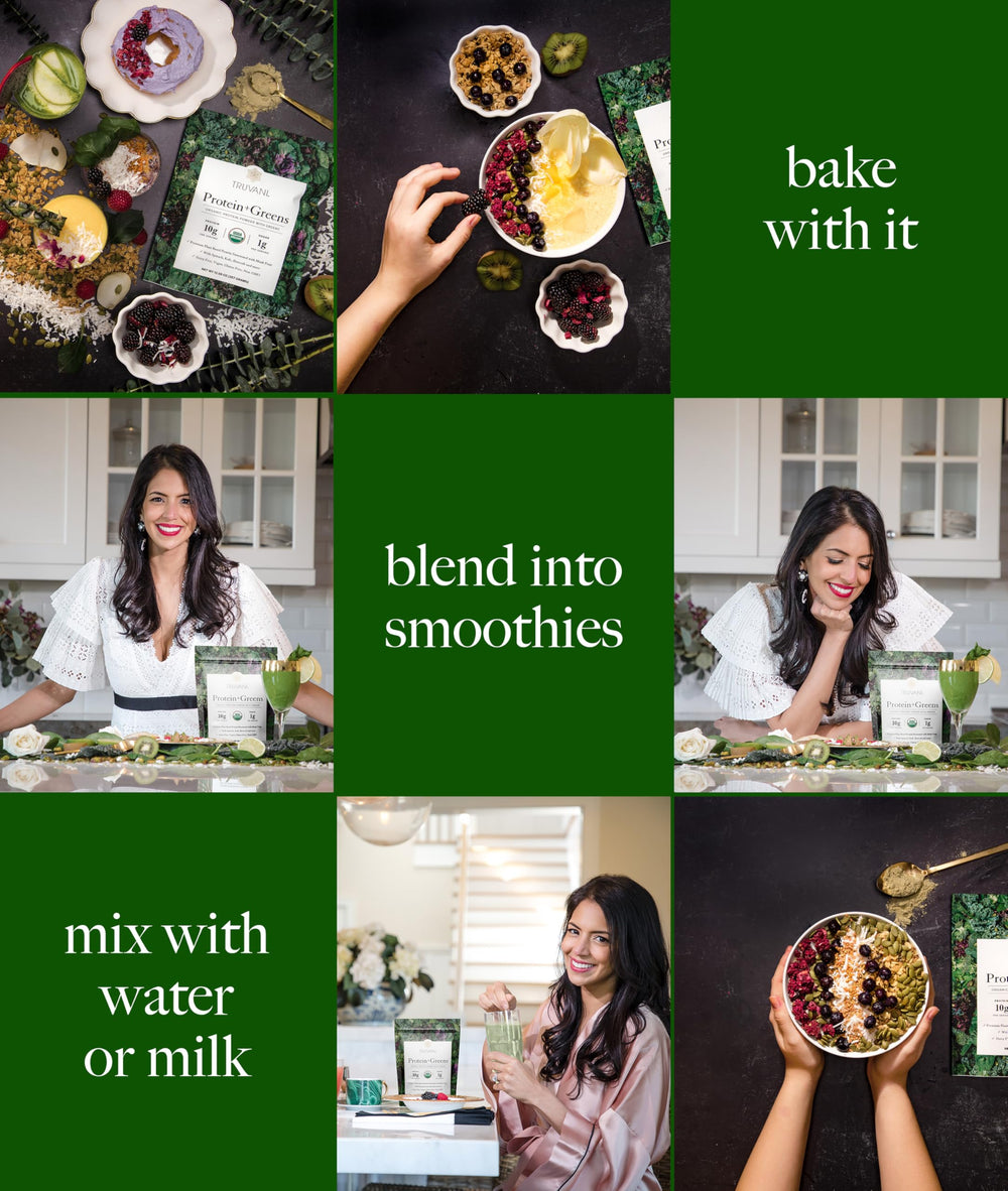 Truvani Protein + Greens being poured into a glass for a nutrient-dense breakfast