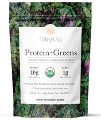 Truvani Protein + Greens scoop beside a shaker for post-workout recovery
