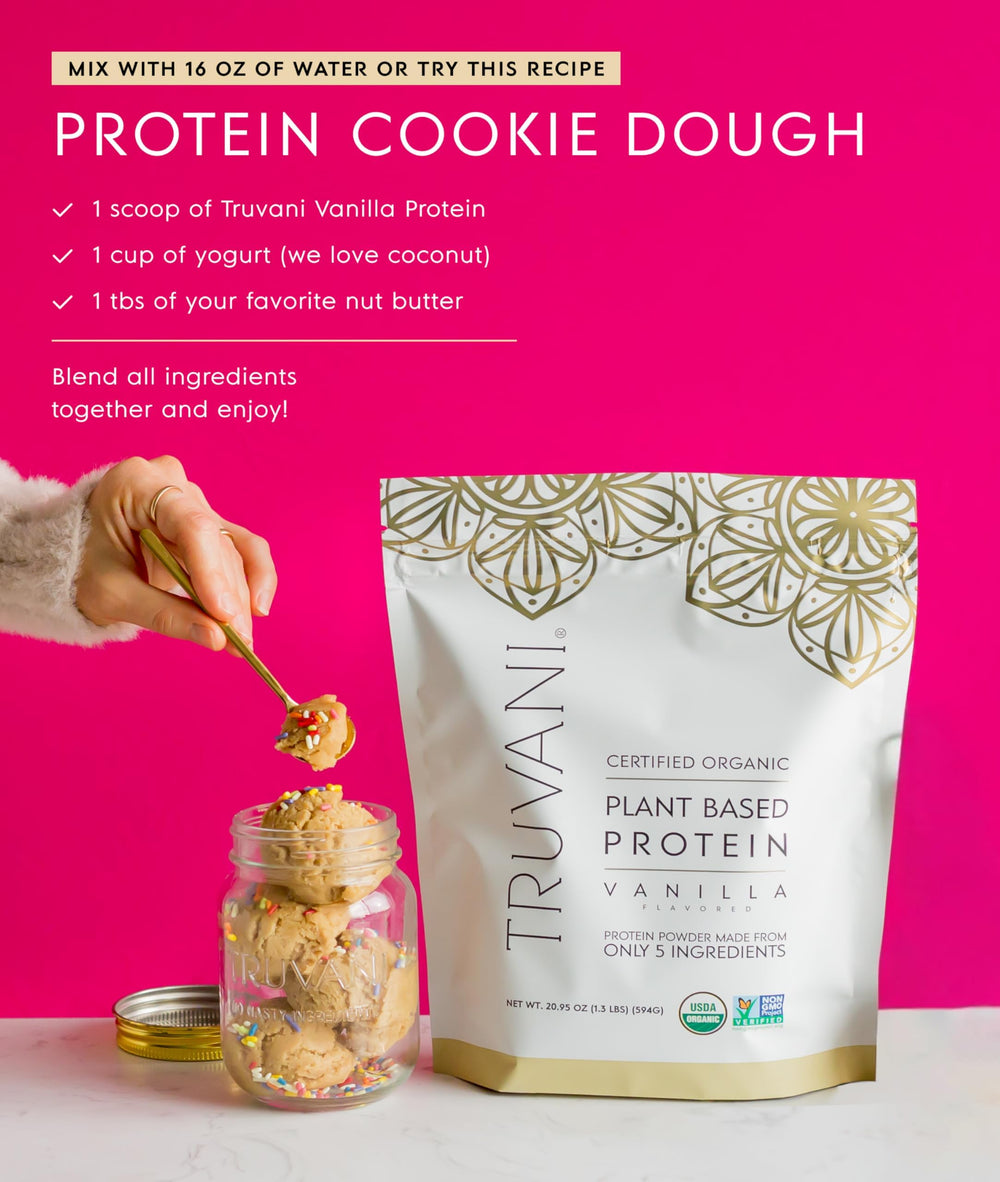 Truvani protein powder scoop measure demonstrates single-serving convenience.