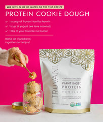 Truvani protein powder scoop measure demonstrates single-serving convenience.