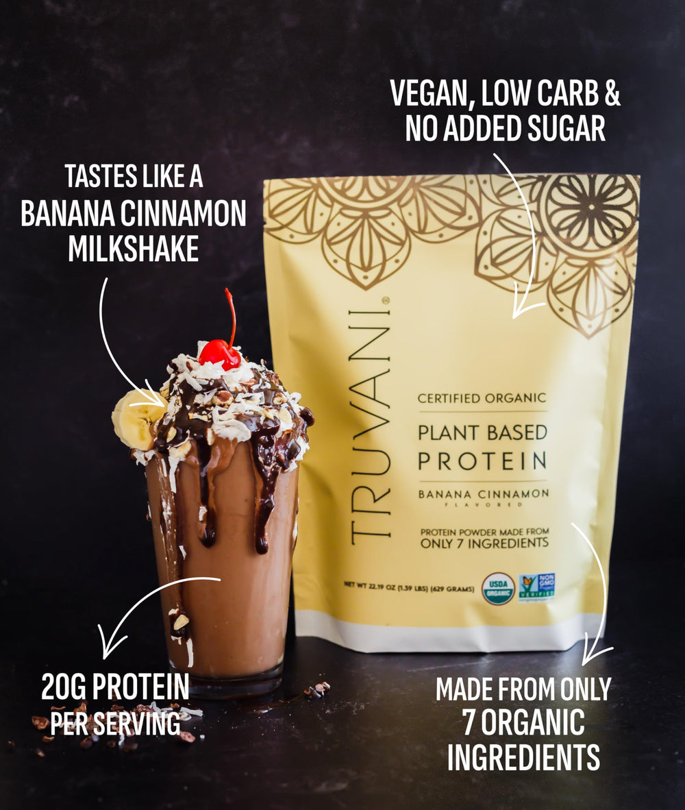 Truvani vegan pea protein banana cinnamon scoop ready for on-the-go protein boost