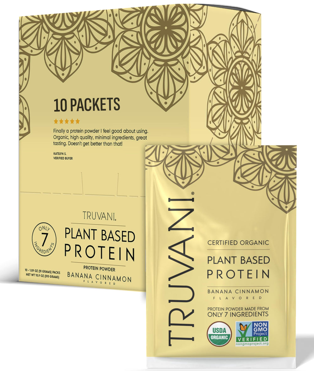 Truvani vegan pea protein banana cinnamon tub shows clean organic protein for everyday meals