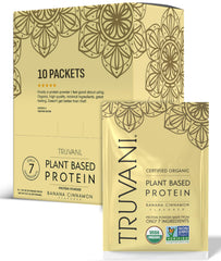 Truvani vegan pea protein banana cinnamon tub shows clean organic protein for everyday meals