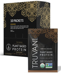 Truvani vegan pea protein chocolate powder tub showcasing premium plant protein for vegan recovery.