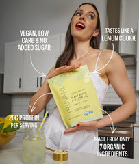 Truvani Lemon Cookie protein shake glass showcasing keto-friendly texture