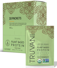 Truvani vegan pea protein matcha travel packets show convenient on-the-go protein.