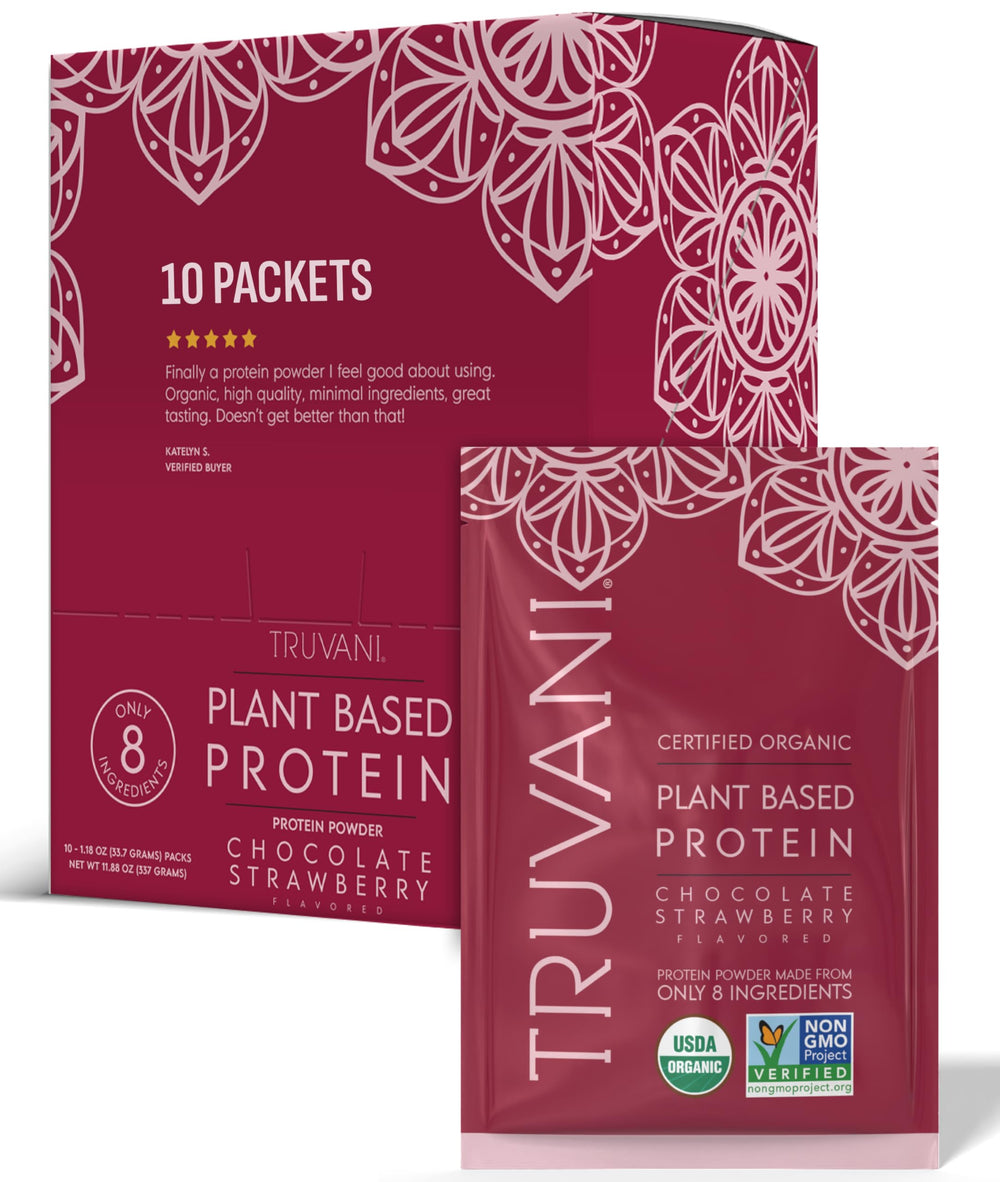 Truvani vegan pea protein powder chocolate strawberry packaging highlights organic ingredients for clean protein boosts
