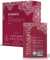 Truvani vegan pea protein powder chocolate strawberry packaging highlights organic ingredients for clean protein boosts