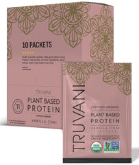 Truvani vegan pea protein vanilla chai travel packet for convenient on-the-go protein.