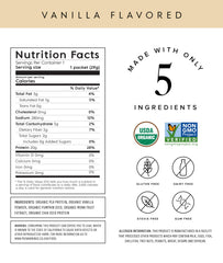 Truvani vegan pea protein vanilla powder close-up shows smooth texture ideal for shakes.