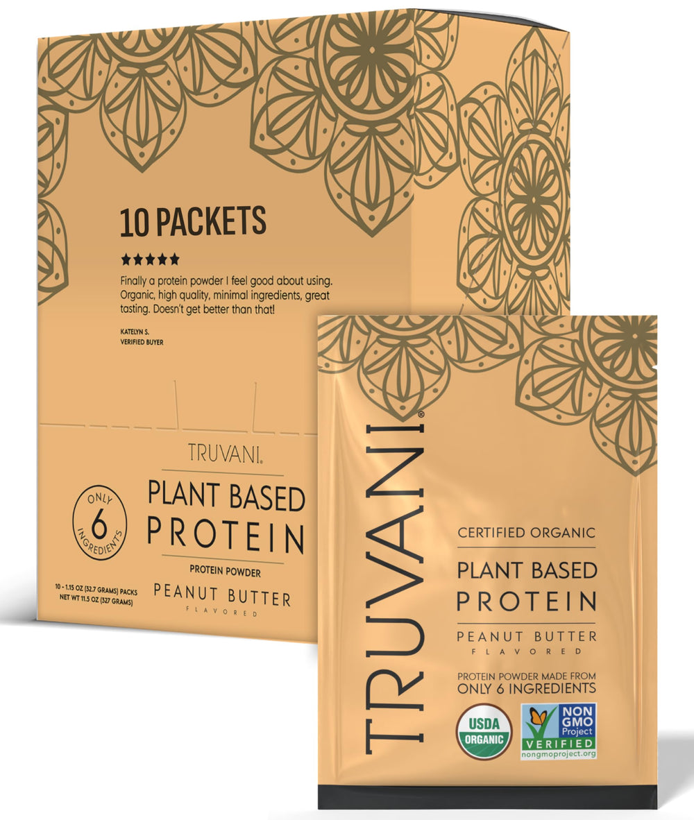Truvani Vegan Pea Protein Peanut Butter travel pack demonstrates on-the-go protein option