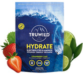 TruWild Hydrate powder tub front view highlighting electrolyte blend for post-workout recovery.