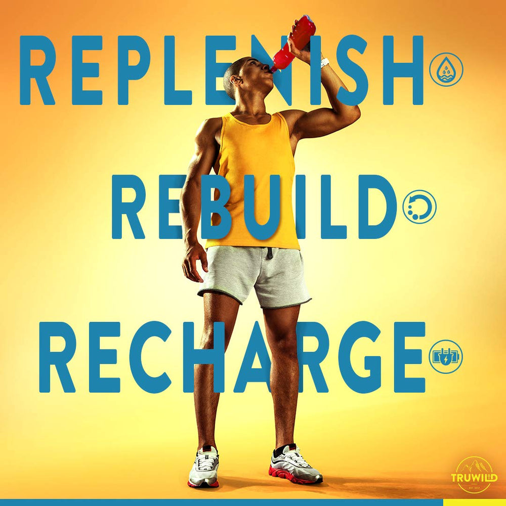 TruWild Hydration packaging shows vegan, non-GMO, gluten-free, USA-made.