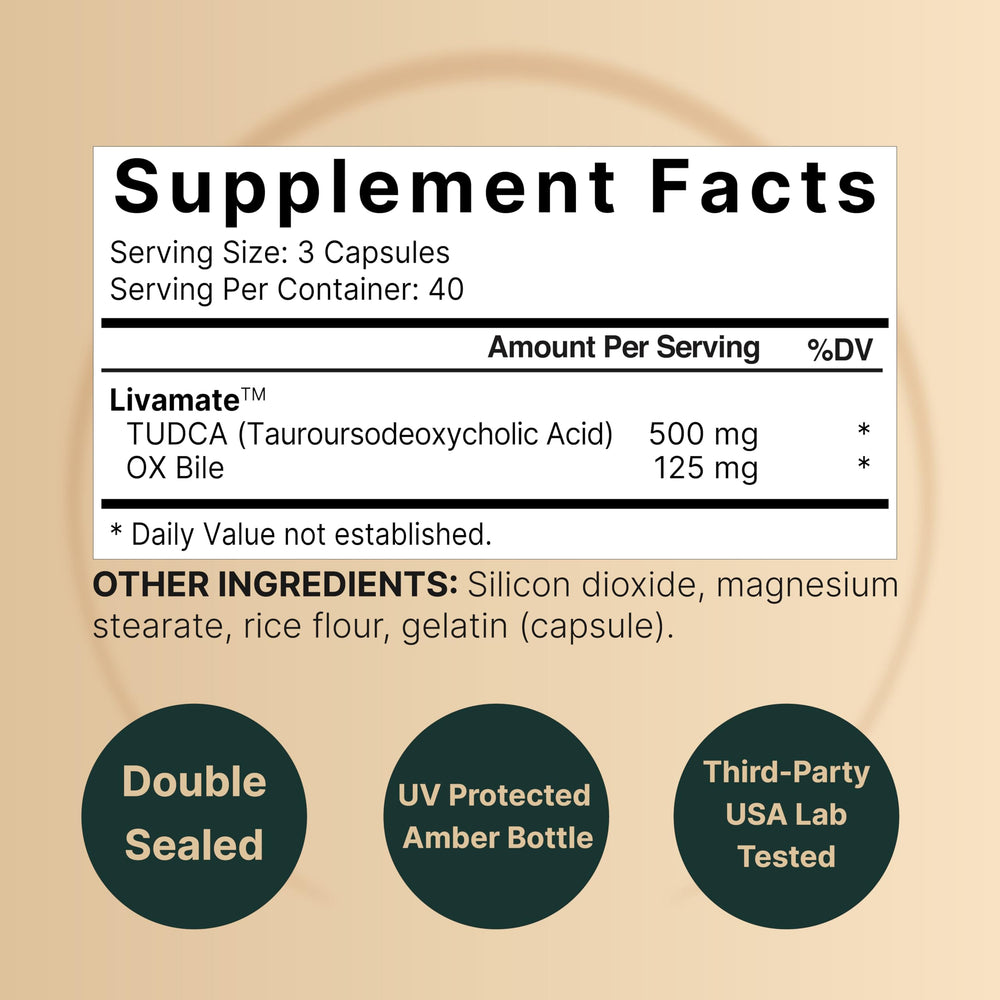 Product label showing 500mg TUDCA and 125mg OX Bile per serving