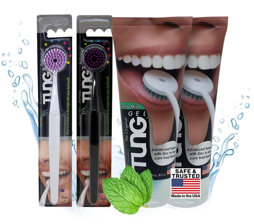 Front view of Tung Tongue Cleaning Kit set (2 pieces) with Tung Brush and Tung Gel