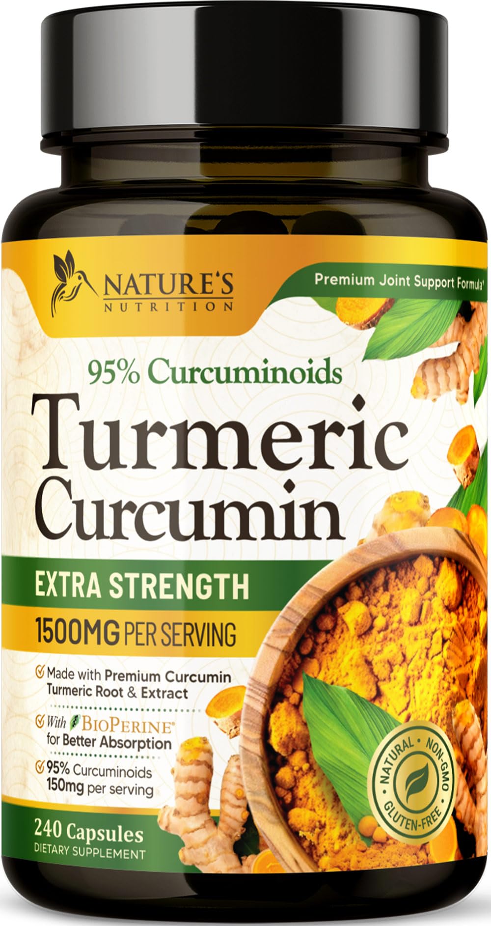 Front view of Turmeric Curcumin 1500mg bottle with BioPerine