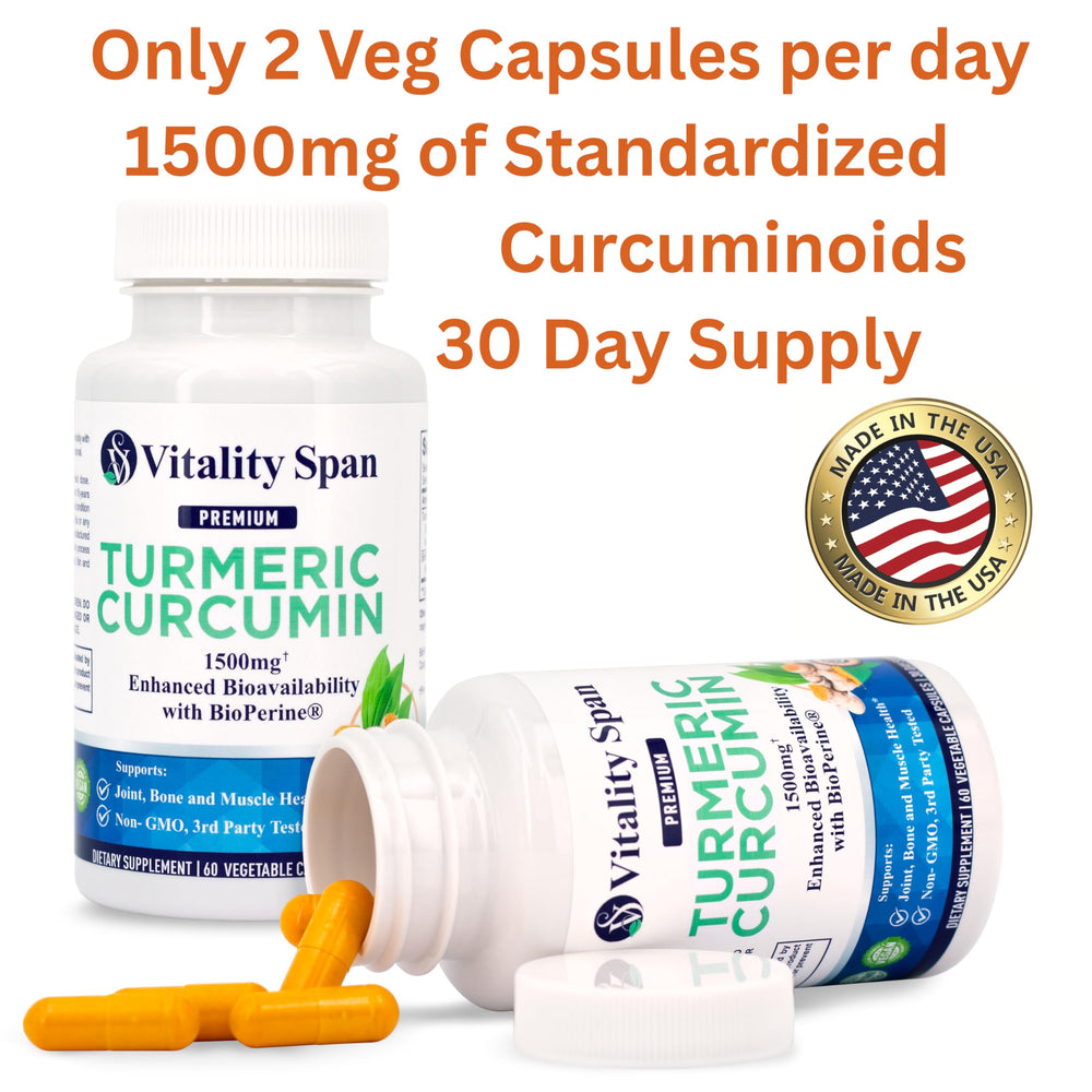 USA-made Turmeric Curcumin 1500mg packaging with 60 vegan capsules