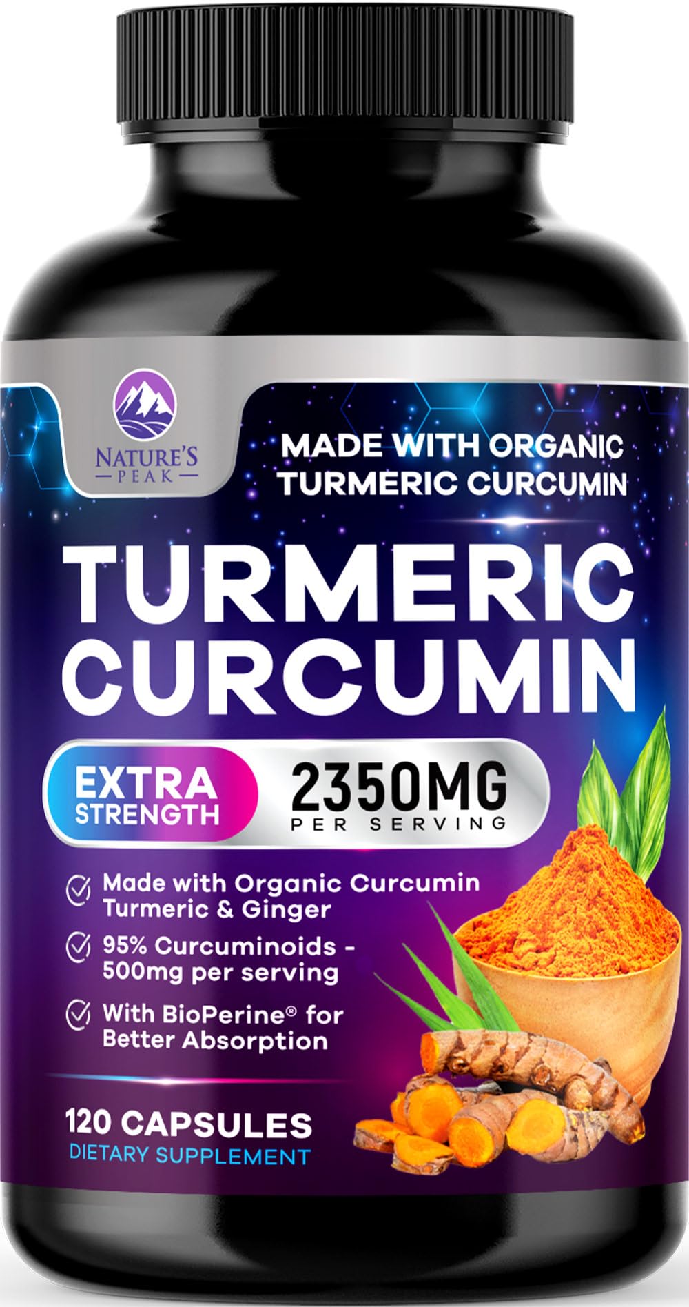 Front view of Turmeric Curcumin 2350mg with Organic Ginger and BioPerine bottle