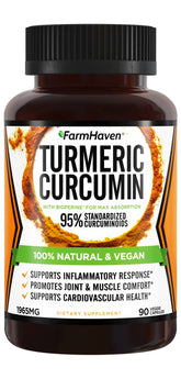 Turmeric Curcumin with BioPerine capsules showing 1965mg, 90 vegan capsules