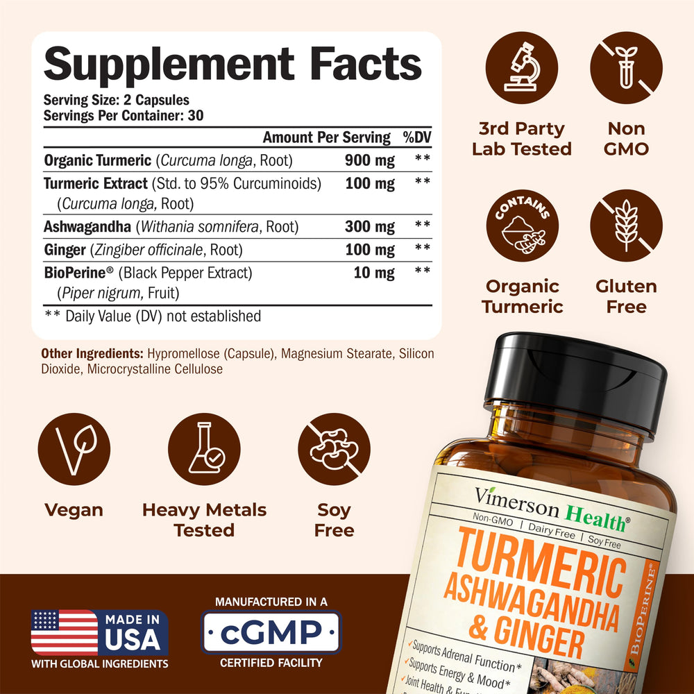 Label showing ingredients: organic turmeric, ginger, ashwagandha and black pepper