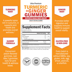 Bottle of turmeric curcumin ginger gummies on white background