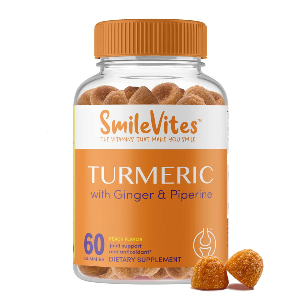 Bottle of peach-flavored turmeric gummies with curcumin, ginger, and piperine