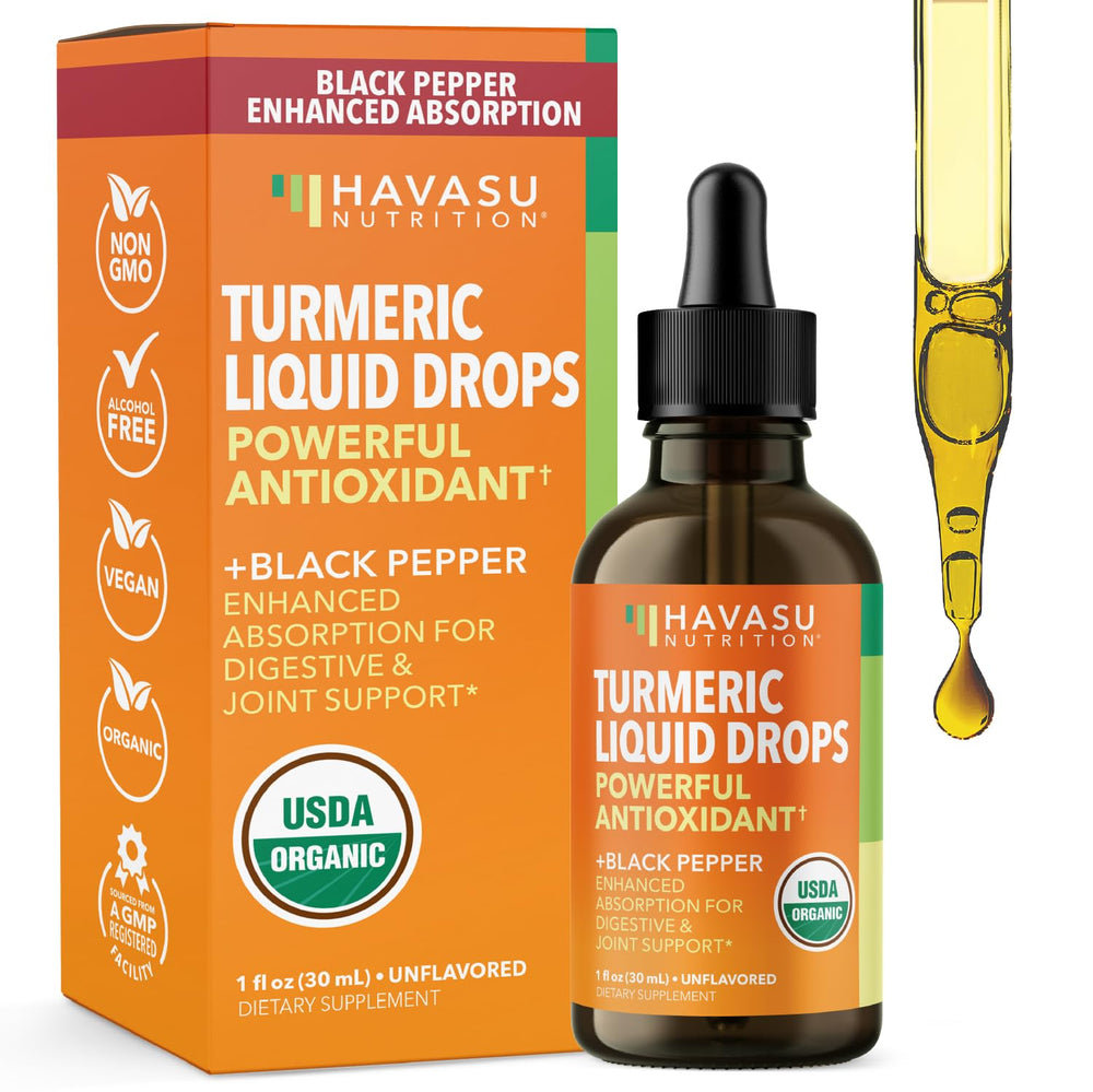 USDA Organic Turmeric Liquid Drops bottle with label