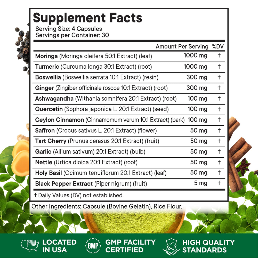 Ingredients close-up: turmeric, moringa, ginger, boswellia