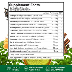 Ingredients close-up: turmeric, moringa, ginger, boswellia