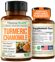 Bottle of Turmeric Sleep Capsules with Chamomile label close-up