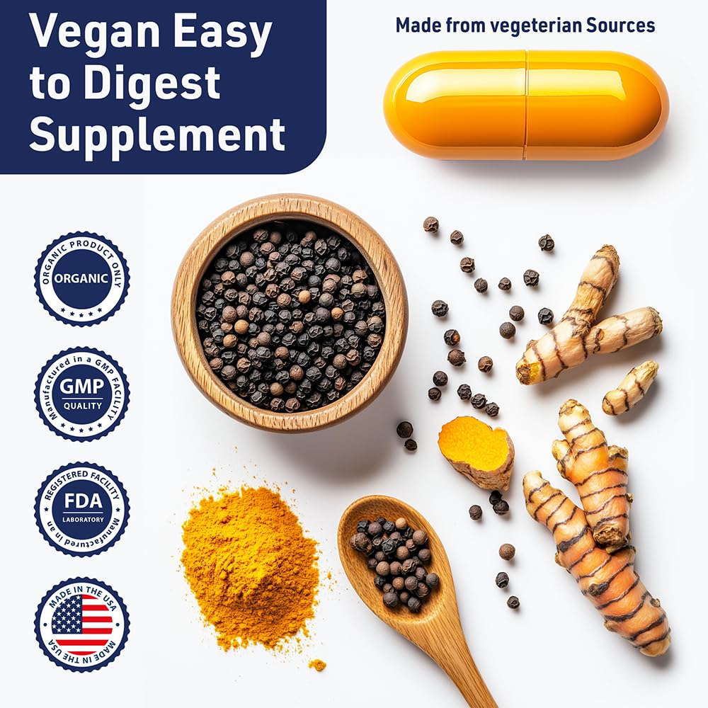 Kitchen setting with turmeric supplement bottle and glass of water