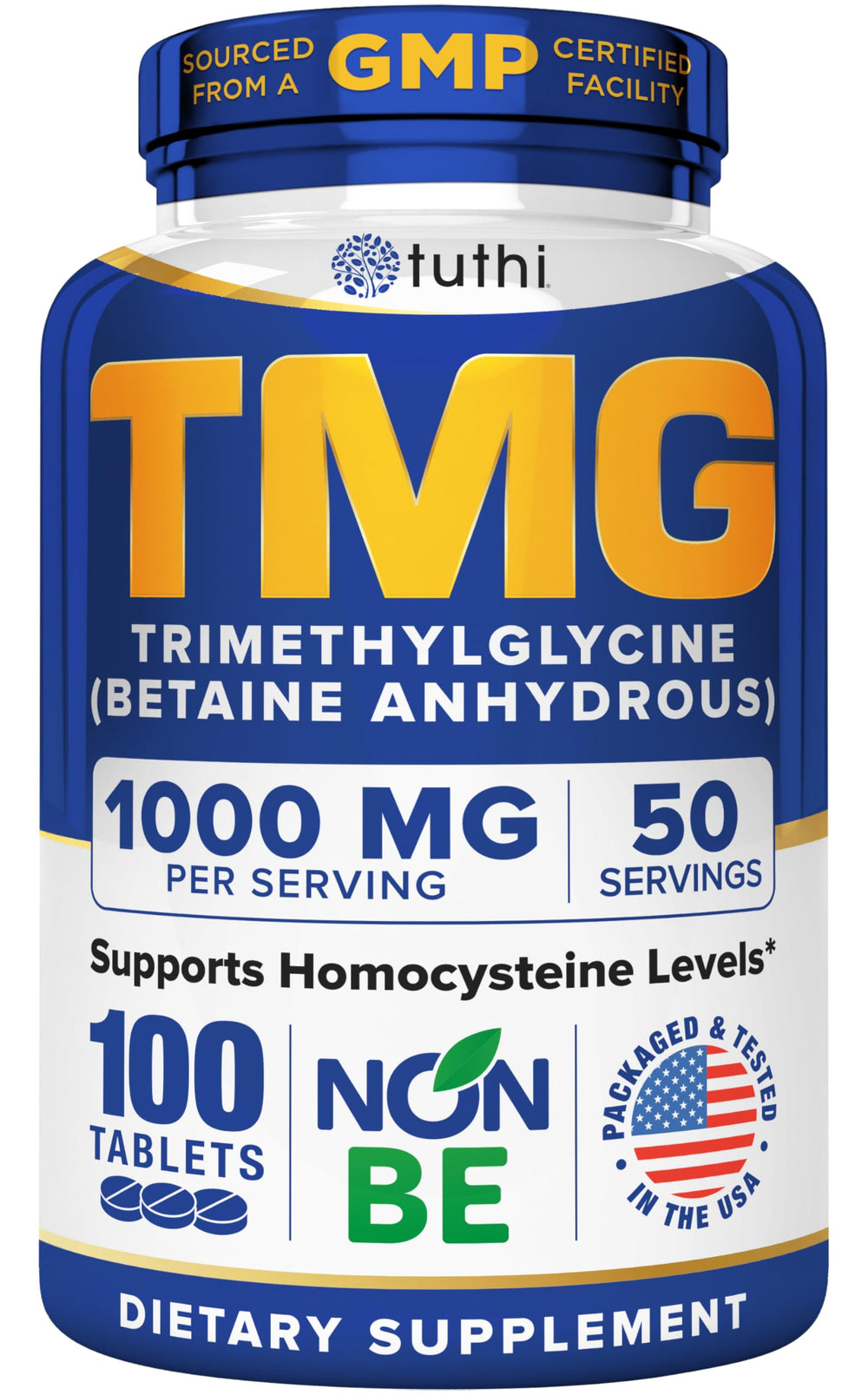 Tuthi TMG Supplement bottle label showing 1000mg trimethylglycine