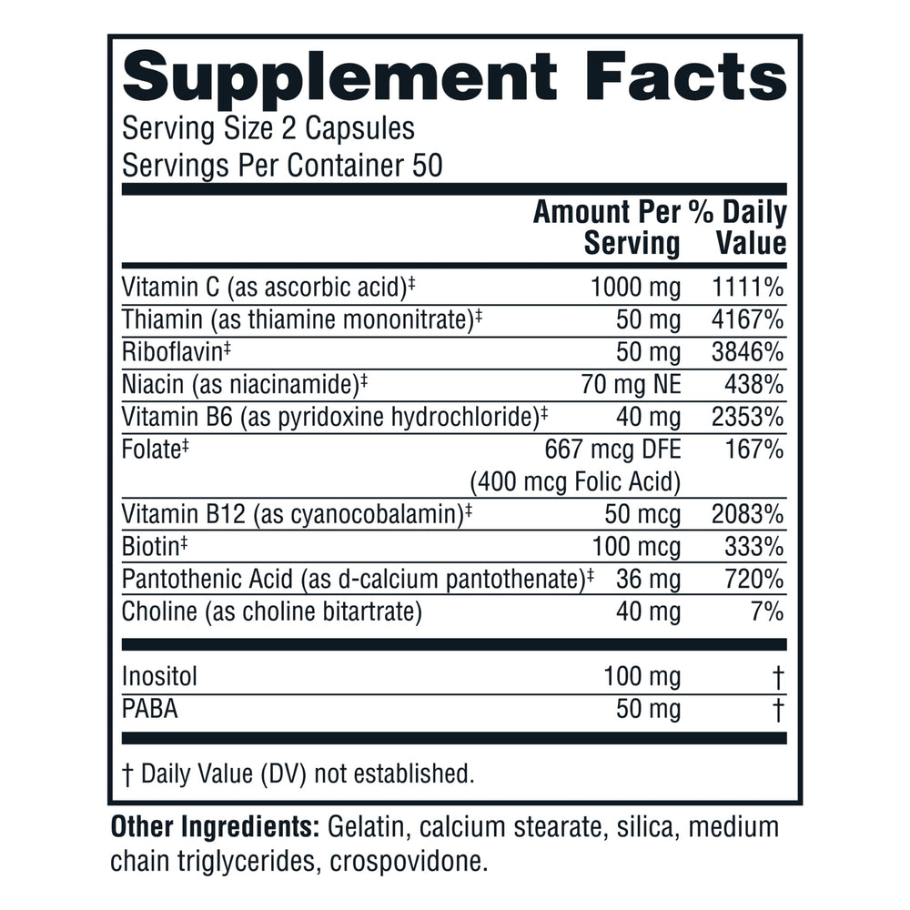 Close-up of Twinlab Stress B-Complex Caps capsules in bottle