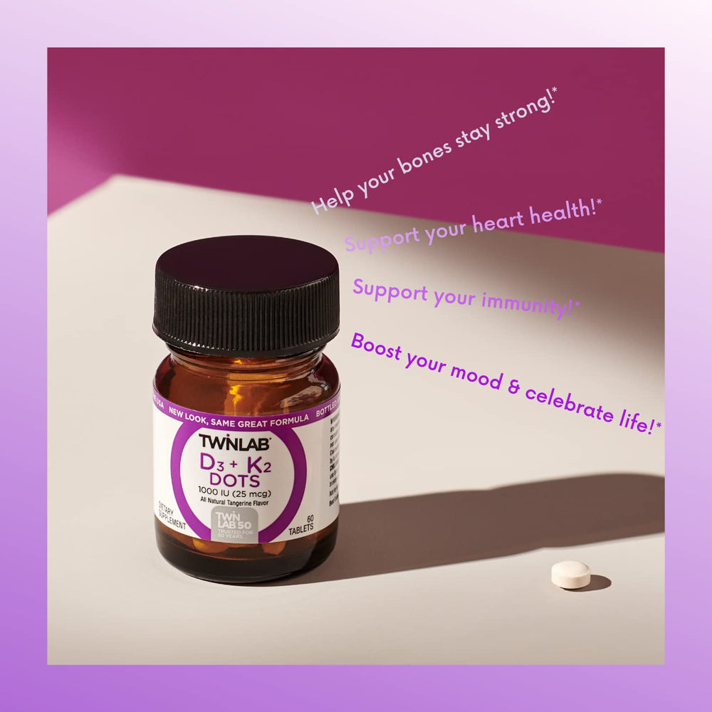 Label showing Vitamin D3 1000 IU and K2 Dots