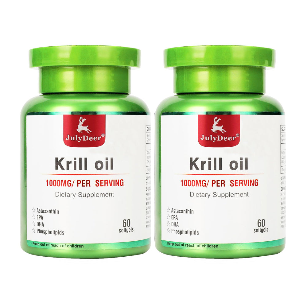 Hero shot of two bottles of Antarctic Krill Oil 1000 mg with 120 softgels total