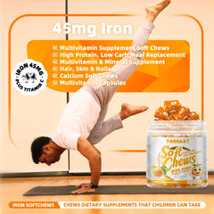 Label indicating a two-month supply of iron soft chews