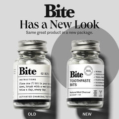Two reusable glass bottles containing Bite Toothpaste Bits