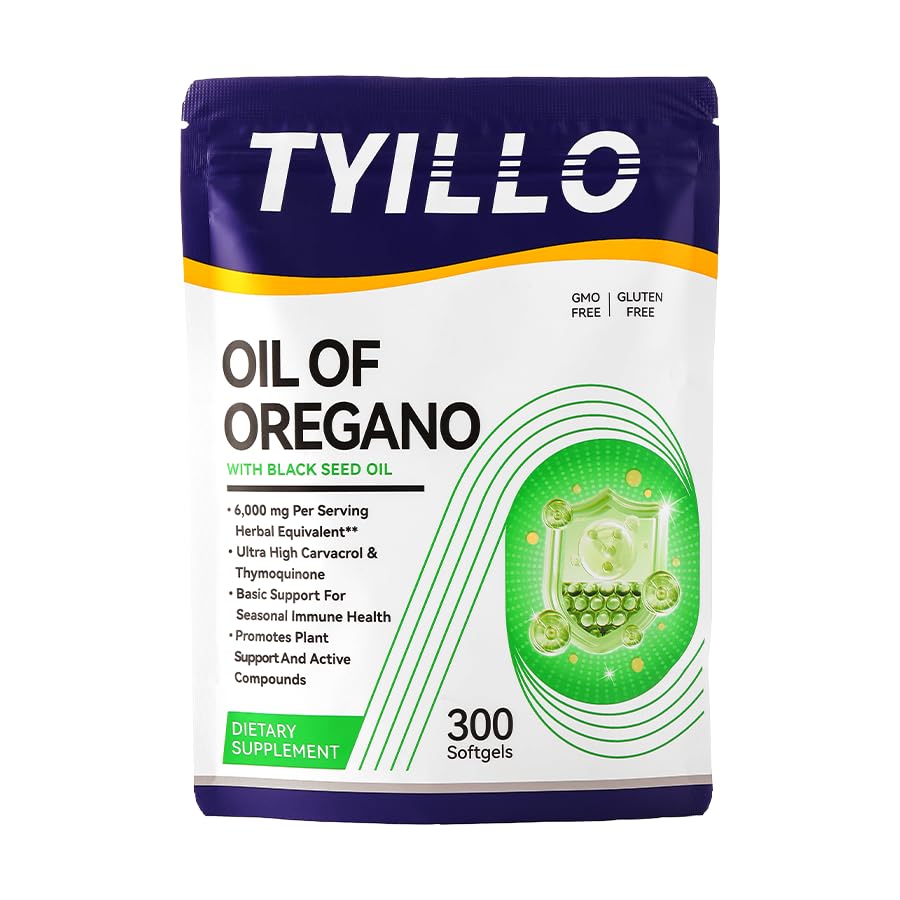 Tyillo oregano oil with black seed oil softgel bottle front view