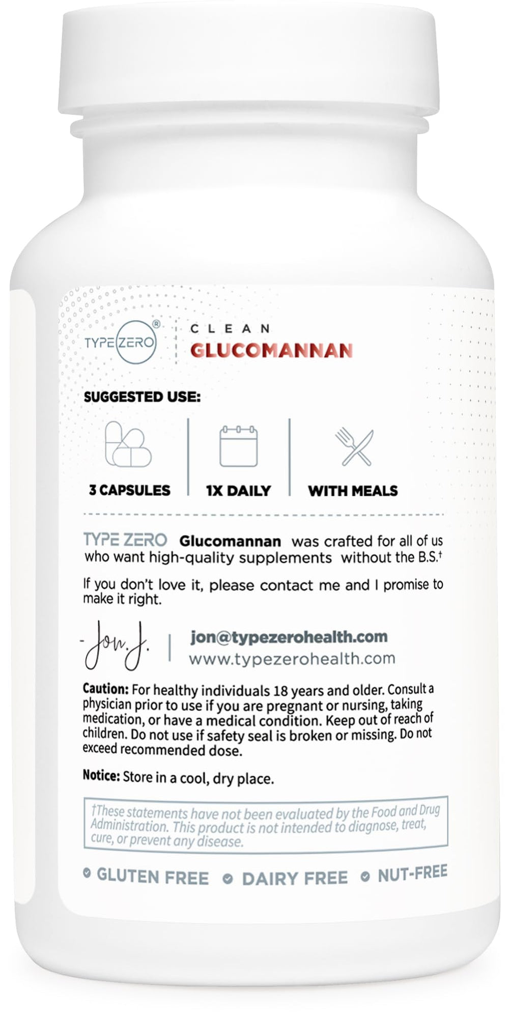 Type Zero glucomannan Konjac bottle side showing 30 servings, gluten-free and non-GMO