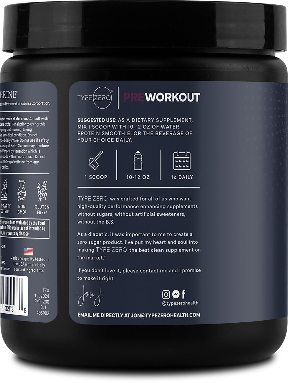 Type Zero Clean Pre Workout sugar-free formulation graphic highlighting no sugars